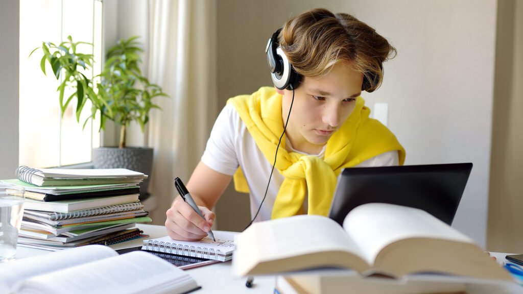 Student participating in online IB Maths Tuition with Geopo Maths in an advanced international learning environment.