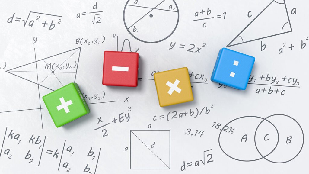 Geometry, algebra and mathematical symbols representing the history of mathematics across civilizations.
